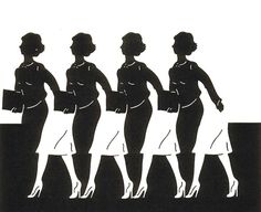 the silhouettes of three women in dresses and heels are standing together, one is carrying a folder