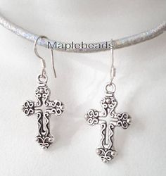 "-Materials : silver tone metal, nickel and lead free -size: 1\" length, 25mmX15mm cross charms -sterling silver hooks" Cross Charms, Silver Cross, Hook Earrings, Free Size, Etsy Earrings, Silver Bracelet, Dangle Drop Earrings, Silver Tone, Charms