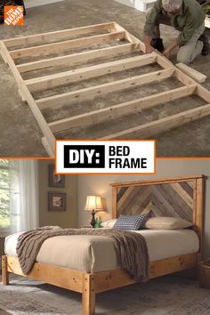 a bed frame made out of wood with the words diy on it and an image of