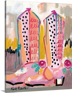 an abstract painting of pink boots with polka dots on the bottom and black dots on the top