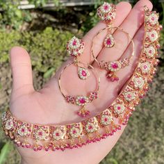 ruby necklace set with chandbali Elegant Round Temple Necklace As A Gift, Elegant Temple Necklace As Gift, Formal Round Kundan Temple Necklace, Formal Kundan Temple Necklace, Traditional Elegant Jewelry Sets As Gift, Traditional Elegant Jewelry Sets For Gift, Pink Kundan Fusion Jewelry, Elegant Ruby Bridal Necklace With Stone Work, Hand Set Round Kundan Jewelry