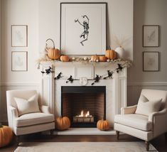 a living room decorated for halloween with pumpkins on the mantel and white chairs