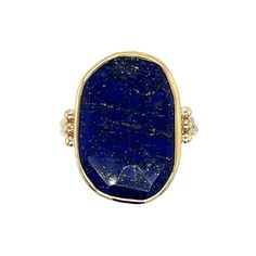 We love this cocktail Lapis ring set in 14k yellow gold. It is accented with gold beads and sits beautifully on Emily's signature Sterling Silver band. Approximate stone size is 20mm x 14mm. Approx ct weight: 10.6 ct Mohs hardness: 5-6 This mixed metal piece is handmade to order in Emily's Hudson Valley studio. Please allow for slight variations in stone color, size and shape. Please allow 14-21 days to ship unless the piece is in stock. If you have questions about sizing, shipping or custom ord Gold Gemstones Ring With Gemstone Accents, Adjustable Oval Rings With Gemstone Accents, 14k Gold Jewelry With Large Stone Ring, Fine Jewelry Gold With Large Stone, Gold Fine Jewelry With Large Stone, Gold Spiritual Rings With Gemstone Accents, Spiritual Gold Rings With Gemstone Accents, Gold Ring With Large Oval Cabochon Stone, Heirloom 14k Gold Jewelry With Gemstone Accents