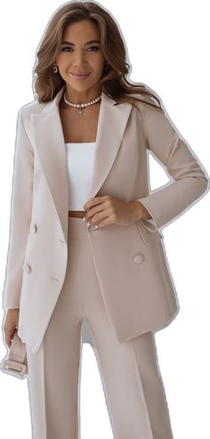 Beige Double Breasted Suit With Long Sleeve, Tailored Long Sleeve Beige Pantsuit, Chic Beige Notch Lapel Suits, Spring Semi-formal Suits With Double Button Closure, Fall Beige Notch Lapel Pantsuit, Chic Beige Notch Lapel Pantsuit, Chic Beige Pantsuit With Notch Lapel, Spring Suits With Lapel Collar And Button Closure, Fall Tuxedo Pantsuit With Long Sleeves