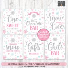 six pink and silver christmas cards with snowflakes on them