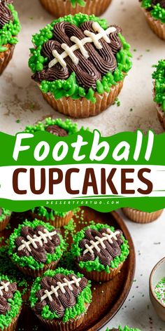 Looking for a delicious Gameday recipe? These Football Cupcakes start with light and fluffy vanilla cupcakes and a rich chocolate buttercream frosting. Pin this easy football party food! Superbowl Party Desserts, Super Bowl Cupcakes, Fluffy Vanilla Cupcakes, Super Bowl Cupcake, Easy Super Bowl, Football Cupcakes, Cupcakes Easy, Cupcakes With Chocolate