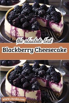 a cheesecake topped with blackberries on top of a plate