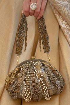 Shop for Lovetobag Ruche Embellished Soft Pouch Online at Aza Fashions Elegant Gold Shoulder Bag With Pearl Embroidery, Gold Evening Bag With Intricate Embroidery, Luxury Gold Bags With Pearl Embroidery, Luxury Pearl-embroidered Pouch Evening Bag, Gold Clutch With Intricate Embroidery, Gold Evening Bag, Embellished Bags, Iridescent Crystal, Gold Handbags