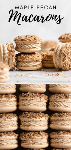 macarons stacked on top of each other with the words maple pecan macaroons