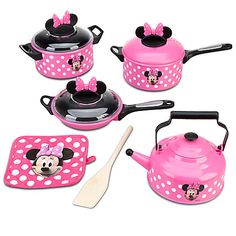 minnie mouse pots and pans set with utensils for children to cook in