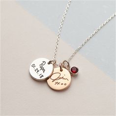 "♥SMALL HANDWRITING DISC NECKLACE♥ Personalize this delicate necklace with your loved one's actual handwriting to keep him/her always by your side. Available in sterling silver, 18k gold and rose gold - plated. It will be a memorial gift that would bring tears to anyone's eyes * Material: Solid 925 Sterling Silver * Finishing: Silver - Yellow Gold - Rose Gold * Dimensions: Pendant measures approx. 1/2\" * Word limits: 1-2 words * Necklace length: You can choose up to 24 inches (includes pendant' Personalized Wedding Necklaces For Christmas, Personalized Name Necklace For Christmas Anniversary, Personalized Rose Gold Jewelry For Christmas, Christmas Anniversary Pendant Necklaces, Christmas Gift Jewelry With Birthstone, Personalized Red Jewelry For Keepsake, Hallmark Necklace For Christmas And Anniversary, Personalized Red Keepsake Jewelry, Personalized Wedding Jewelry For Christmas