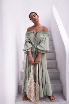 Emmaline Gown | Sage Green Boho Chic Dress Wedding Guest, Dresses For Family Photos, Sustainable Wedding, Resort Beach, Outfit Wedding Guest, Boho Chic Outfits, Green Outfit, Handmade Dresses, On Or Off