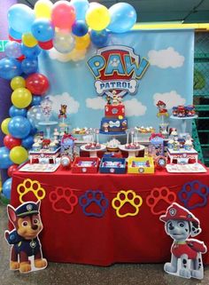 a paw patrol themed birthday party with balloons