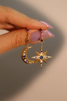 18K Gold Vermeil Moon Star Color Gem Earrings – Cutethingscommin Star Cuff Earrings, Moon Aesthetic Jewelry, Dream Jewelry Earrings, Moon Ring Gold, Star Themed Jewelry, Gold Moon Jewelry, Gold Celestial Jewelry, Gold Elegant Jewelry, Space Themed Jewelry