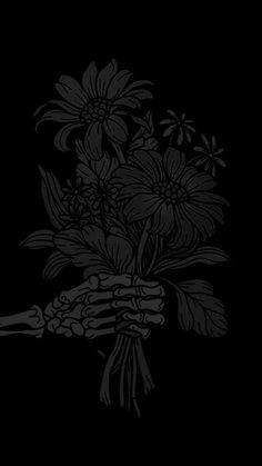 black and white drawing of a bouquet of flowers on a dark background with the word love written below it