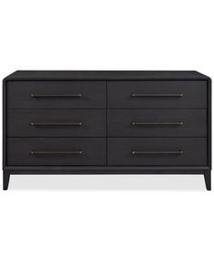 a black dresser with brass handles and drawers on it's sides, against a white background