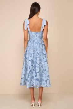 Blue Floral Dress - Tiered Tie-Strap Dress - Floral Midi Dress - Lulus Blue Prom Dress With Ruffled Straps, Midi Length Tie Back Dress For Prom, Prom Midi Dress With Tie Back, Blue Dress With Tie Back And Ruffled Straps, Light Blue Party Dress With Ruffled Straps, A-line Brunch Dresses With Adjustable Straps, A-line Dresses With Adjustable Straps For Brunch, Lace Dress With Tie Back And Sweetheart Neckline, Chic Dresses With Adjustable Straps For Garden Party