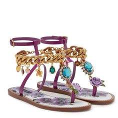 Purple Patent Leather Charm Embellished Flat Sandals From Dolce & Gabbana Featuring Open Toe, T-Bar Strap, Side Buckle Fastening, Crystal Embellishment, Flat Sole And Embellished Charms. Comes With Dust Bags And Floral Box New Never Worn Out Dolce And Gabbana Sandals, Hippie Aesthetic, Purple Floral Dress, Embellished Flats, Dolce Gabbana Shoes, Boot Jewelry, Fancy Shoes, Girly Shoes, Crystal Embellishment