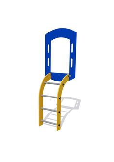 a blue and yellow plastic chair with an open seat on the bottom shelf, against a white background