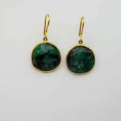 Simple yet elegant, classy and unique. These handmade emerald earrings are perfect for any day of the week! #handmadejewelry #goldjewelry #emeraldearrings #jewelryinspiration Fine Jewelry Green Drop Earrings, Green Fine Jewelry Drop Earrings, Green Round Gold-plated Earrings, Green Gold Plated Round Earrings, Green Gold-plated Round Earrings, Elegant Round Emerald Earrings, Green Gold Plated Earrings Fine Jewelry, Luxury Green Gemstone Earrings, Luxury Faceted Emerald Jewelry