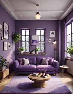 a living room with purple walls and rugs on the floor, furniture in front of two windows