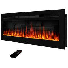 an electric fireplace with fire flames and remote control on the side, in front of a white background