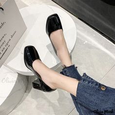 Olivia Mark - Fashionable Closed-toe Chunky High Heel Casual Shoes Professional Work Shoes, Rough Heels, Casual High Heels, Square Head, Chunky High Heels, Pu Heels, Leather Flat Shoes, Leather Flats, Work Shoes