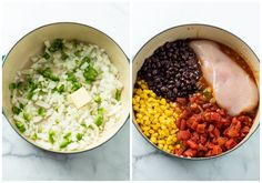 two images showing the ingredients for black beans, rice and corn in pans on a marble counter top