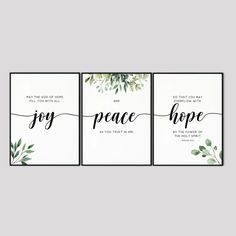 three prints with the words joy, peace and hope