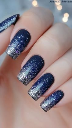 25 Blue Fall Nail Ideas That Will Make Your Nails Pop | Lookosm Blue Glitter Fade Nails, Blue Black Silver Nails, Nails That Go With Navy Blue Dress, Dark Blue Glitter Nails, Nails Inspiration Glitter, Hope Nails, Nail Ideas For Fall, Pedi Designs