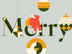 merry christmas ornaments hanging from strings with the word merry written in green and yellow colors