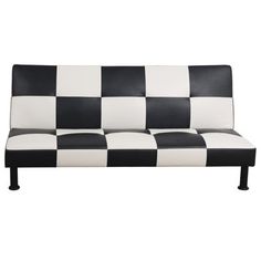 a black and white checkered couch with metal legs