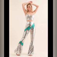 Opt For A Night Out With These Sequin Flare Thunderbolt Print Pants. Durable And Boasting A Fun Pattern, They Are Perfect For Adding A Touch Of Flash To Your Wardrobe. Expertly Crafted To Make A Statement, These Pants Are Sure To Turn Heads And Elevate Your Style Game. Great For Any Season Or Outfit! These Are So Much Better In Person! Size: Medium Nwot, No Flaws Side Zipper Elastic Waistband Lined Approx Measurements: Waist - 13.5” Rise - 12.5” Inseam - 32.5” #Anthropologie #Freepeople Disco Look, Sequin Flare Pants, Summer Store, Lululemon Groove Pant, Printed Flare Pants, Flora Dress, Jumpsuit Blue, Blue Sparkle, Boho Mini Dress