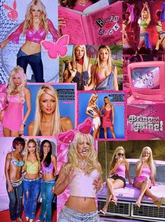 the collage shows many different photos of women in pink outfits and accessories, including an old tv