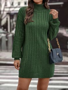 Green Casual Collar Long Sleeve Fabric Plain  Embellished High Stretch All Women Clothing Knitted Winter Dress, Lantern Sleeve Sweater, Chique Outfits, Outfit Chic, Solid Sweaters, Turtleneck Sweater Dress, High Neck Sweater, Estilo Chic, Womens Turtleneck