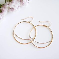 Mixed Metal Large Circle Earrings / Gifts for her / Sterling Silver or 14k Gold Filled / Minimalist / Dainty Jewelry / Crescent Moon Elegant Hammered Crescent Earrings, Dainty Crescent Earrings For Everyday, Minimalist Yellow Gold Earrings With Moon Charm, Elegant Hammered Open Circle Jewelry, Gold Hoop Jewelry With Moon Phase Detail, Minimalist Pierced Open Circle Jewelry, Pierced Open Circle Jewelry Gift, Minimalist Moon Earrings For Everyday, Minimalist Moon-shaped Everyday Earrings