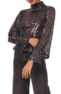 Achieve night-out perfection in this dazzling sequin top punctuated with a drapey open back and fabulously flared long sleeves. 22" length Mock neck Long sleeves with flared cuffs 97% polyester, 3% spandex Hand wash, line dry Imported Open Back Blouse, Black Jeans Outfit, Flare Long Sleeve, Mock Neck Long Sleeve, Fall Wedding Dresses, Gameday Outfit, All Black Outfit, Sequin Top, Black Outfit