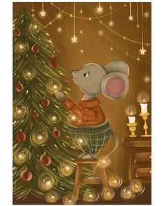 a painting of a mouse sitting on a stool next to a christmas tree with lights