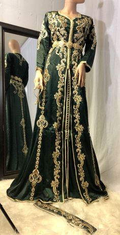 Arabic bridal dresses are presented with golden embroidered work of zardozi & threads. You can order Arabic bridal dresses in USA with fast delivery Moroccan Dress Modern, Farasha Abaya, Arabic Dress, Long Sleeve Evening Gowns, Moroccan Kaftan, Moroccan Fashion, Long Gown Dress, Islamic Dress, Moroccan Dress