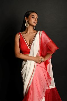 Red and White Hand Embroidered Georgette-Organza Ruffle Saree Paired With Blouse - Anvi Couture Red Blouse Combination Saree, Organza Ruffle Saree, Ruffle Saree Blouse, Red Ruffle Saree, Ruffled Saree, Baluchari Saree, Silver Blouse, Orange Saree, Net Blouses