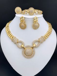 Afraic Jewelry -Dubai Fine Jewelry Sets For Women Brazilian Necklace And Earrings Round Pendant Wedding Banquet Jewellery product name: latest jewelry set designs for women plating Color: gold Color material: alloy keyword: Dubai Fine Jewelry Sets For Women Brazilian Golden Style Necklace And Earrings Round Pendant Style: African fashion jewelry Style: TRENDY Shape\pattern: Round Origin: Mainland China Occasion: Party Model Number: 259 Metals Type: Zinc alloy Material: Metal MOQ: 1Sets Jewelry S Gold Bangles For Women, African Lace Dresses, Jewelry Set Design, Set Designs, Earring Ring, Wedding Banquet, Earrings Round, African Design Dresses, Latest Jewellery