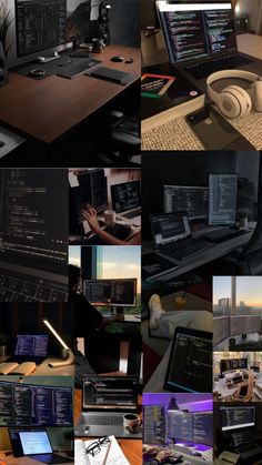 there are many different pictures of computers on the desks in this photo collage