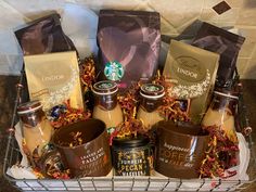 a basket filled with lots of different types of coffee