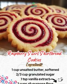 raspberry swirl shortbread cookies on a white platter with text overlay