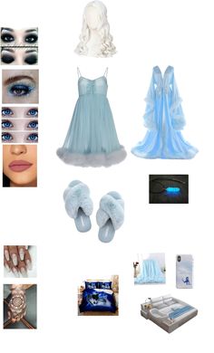 a collage of blue and white items including shoes, clothing, makeup and accessories