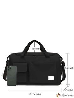 a black duffel bag with the measurements for it and an additional pocket to hold your phone