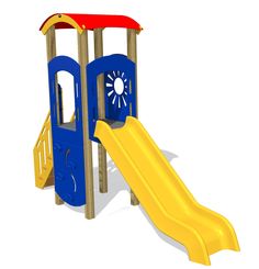 a children's play set with a slide and climbing frame in blue, yellow and red