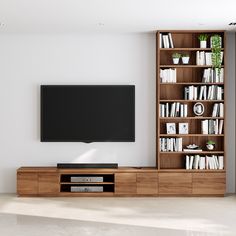 an entertainment center with bookshelves and a flat screen tv mounted on the wall