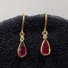 Natural Ruby With Diamond 18k Gold Earring, Drop Earring, Dainty Ear Wire, Faceted Ruby, 18k Gold Ear Wires, 1 Pair, Gold Jewelry - Etsy Dainty Drop Earrings, Ruby And Gold Jewelry, Ruby Drop Earrings, Ruby Earring, 18k Gold Earrings, Gem Earrings, Interesting Ideas, Ruby Earrings, Gold Earring