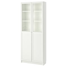 a white bookcase with glass doors on the front and bottom shelves, against a white background